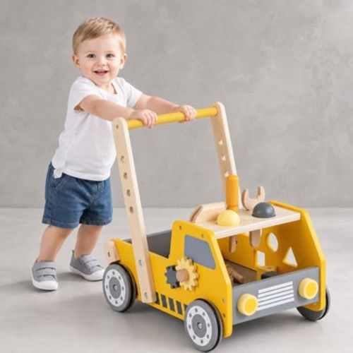 2-in-1 Wooden Baby Walker and Kids Tool Bench with Adjustable Speed, Yellow