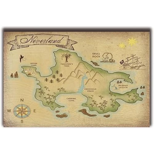 XIHOO Inspired, Peter Pan, Neverland Map Poster for Home Decor Wall Art 11x17inch (28x43cm) Frameless Gift