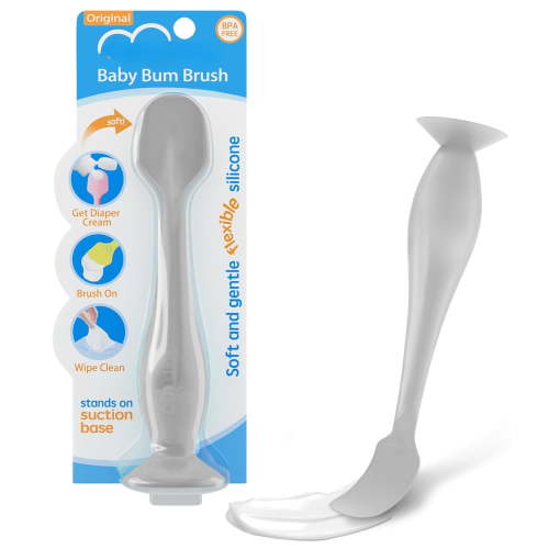 Baby Bum Brush - BPA-Free Diaper Cream Spatula with Suction Cup Base, Soft & Flexible Silicone, Wipe-Clean, Mom-Invented Diaper Bag Essentials (Gray)