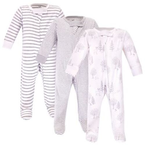 Touched By Nature Baby Organic Cotton Zipper Sleep And Play 3pk, Gray Woodland, 0-3 Months