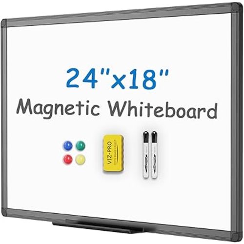 VIZ-PRO Magnetic Whiteboard/Dry Erase Board with Black Aluminium Frame, 24 X 18 Inches, Includes 1 Eraser & 2 Markers & 4 Magnets