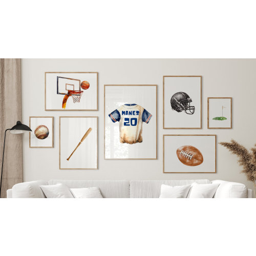 Personalized Watercolor Nursery Sports Gallery Wall Art Print set, Nursery Baseball Football Basketball Jersey Golf Decor, Baby Shower Gift