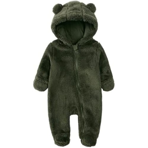 Alunsito Infant Baby Fleece Jumpsuits Newborn Plush Bear Ear Sleepwear Hooded Romper Zipper Long Sleeve Bodysuit Footies