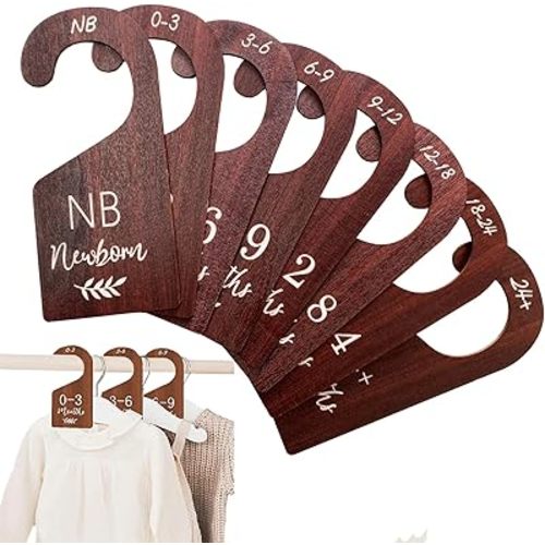 Baby Closet Dividers, Hanging Wooden Double-Sided Nursery Decor Closet Dividers for Baby Clothes, Baby Clothes Dividers for Newborn to 24 Months Size Clothes (Brown, 8pcs)