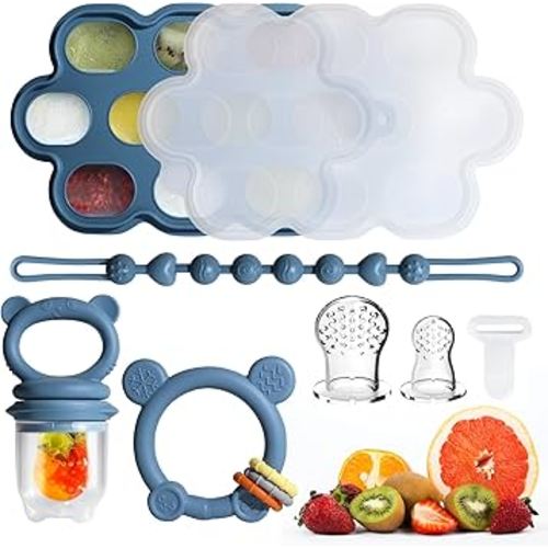 Baby Fruit Food Feeder & Breastmilk Popsicle Molds for Teething Relief, Baby Feeding Sets, 1 Freezer Tray with Lid & 1 Teether Toy & 1 Silicone Teething Pacifier Feeder, Extra Food Pouches (Blue)