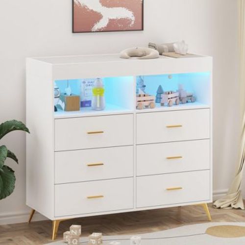 Changing Table Dresser with Drawers, Baby Dresser with Changing Table Top, Power Outlet, LED Light & Metal Feet