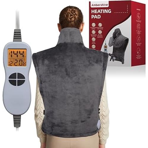 Ambershine 26"x35" XXXL King Size Neck& Shoulder& Back Heating Pad with 12 Temperature Settings& 4 Auto-Off Countdown Timers, Pain Relief for Back/Neck/Shoulder, Christmas gift for mom dad (Dark Gray)