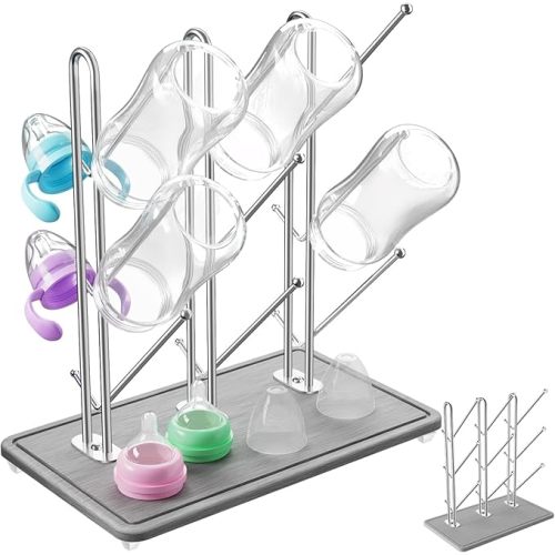 NiHome Baby Bottle Drying Rack with Diatomite Base & Stainless Steel Frame, Foldable Countertop Organizer Holds 9 Bottles, Space-Saving Stand for Water Bottles, Lids, Reusable Bags & More