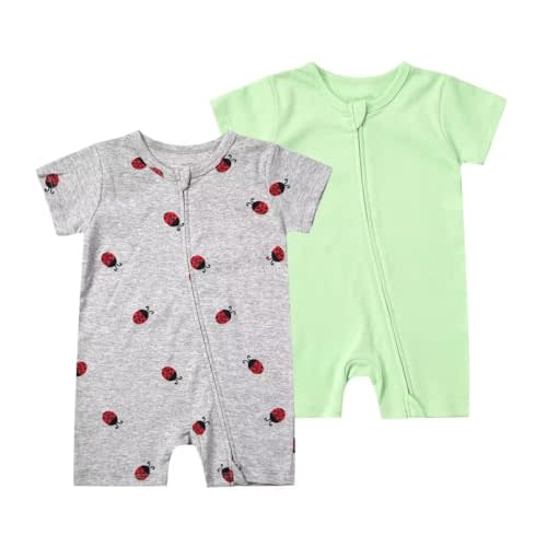 Teach Leanbh Unisex Baby 2 Pack Pajamas Cotton Short Sleeve 2 Way Zipper Printing Soild Romper Jumpsuit Sleep and Play