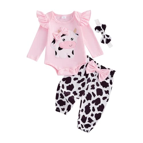 KMBANGI Newborn Baby Girl Western Outfits Ruffle Long Sleeve Cow Romper Pants with Headband 3Pcs Cowgirl Fall Clothes 0-18M