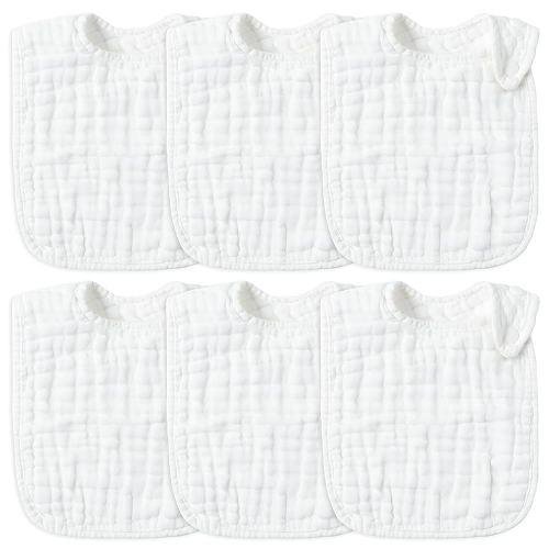 Zainpe 6Pcs Snap Muslin Cotton Baby Bibs White Adjustable Drool Bib with 6 Absorbent Soft Layers, Machine Washable Unisex Burp Cloths for 3 to 36 Months Boys Girls Infant Newborn Toddler