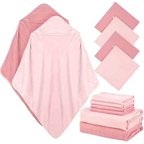 Preboun 6 Pcs Muslin Hooded Baby Towels and Washcloths,Pink,Dark Pink