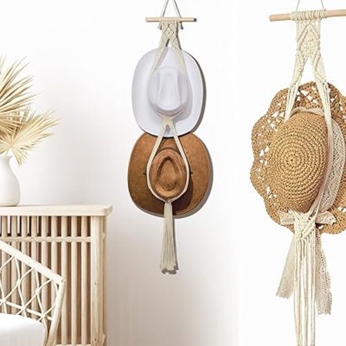 Yulejo Macrame Hat Hangers Boho Hat Rack Cowboy Hat Hanger Back of Door Hat Organizer (White,Two Hats Style)
