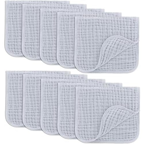 Comfy Cubs Muslin Burp Cloths 20" x 10", Pack of 10 - Large, 6-Layer, Ultra Absorbent 100% Cotton for Baby Drool and Messes - Soft, Safe & Gentle Baby Burp Cloths for Boys & Girls - Slate