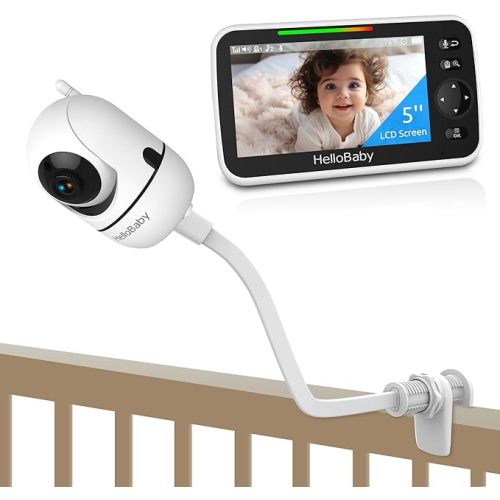 HelloBaby Baby Monitor with Crib Clip, 5'' Screen and 30-Hour Battery Life, Baby Monitor with Camera and Audio, Flexible Clamp Mount with Long Gooseneck Arm by Hello Baby
