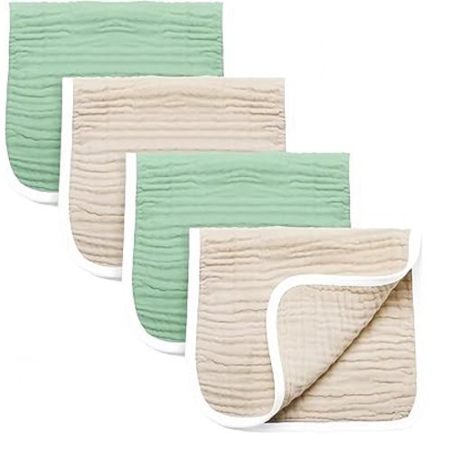 Synrroe Burp Cloths Large, Muslin Burp Cloths for Baby Girls and Boys, Pack of 4 Extra Absorbent and Soft Muslin, 6 Layers 20 by 10 Inches 100% Cotton (Brown-Green 4 Pack)