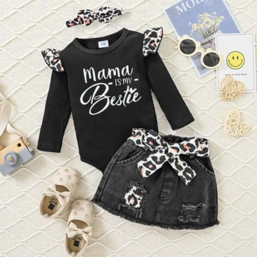 PatPat Baby Girl Outfit Set 2-Piece Ruffle Sleeve Bodysuit and Leopard Bow Denim Skirt Set，0-18M