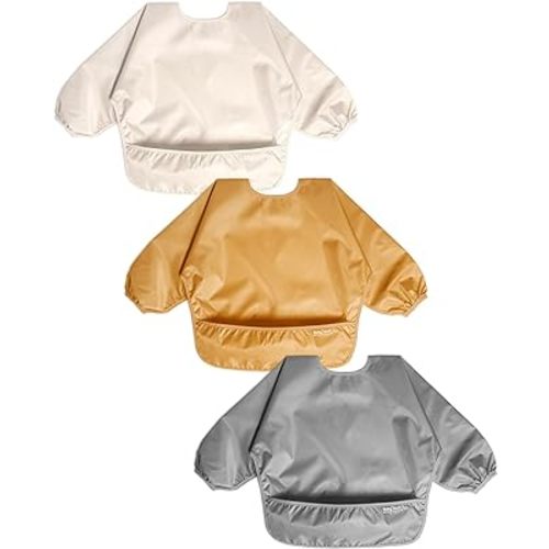 Zoosa Baby Long Sleeve Waterproof Bibs for Baby Boy Girl,Baby Led Weaning Smock Outfit for Toddler 6 Months-2 Years,3pk