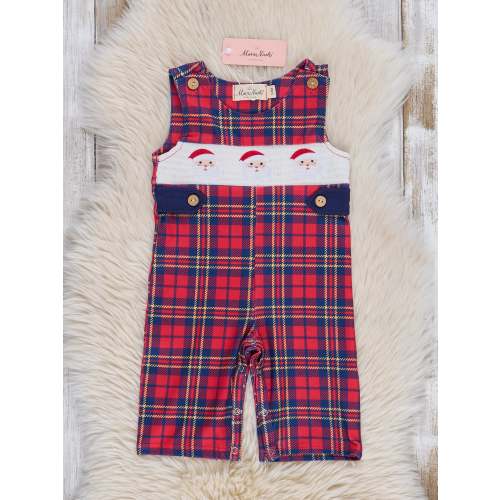 Holiday Plaid Smocked Santa Overall Romper