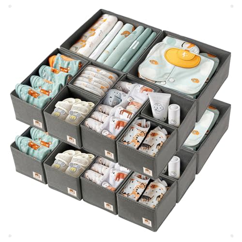 ZenStorage 16 Pack Drawer Organizer for Baby Clothes, Nursery Drawer Organizer for Baby Diaper, Collapsible Deep Fabric Drawer Organizer with Zipper for Socks, Bra, Towels, Ties, Grey