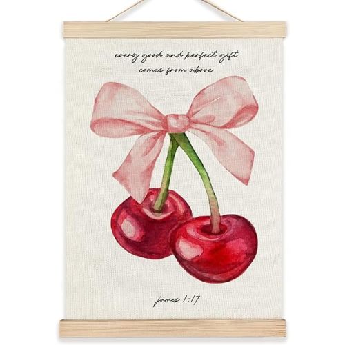 Cherry Bathroom Wall Decor, Bow Cherry Wall Decor, James 1:17 Christian Wall Art Framed, Cherry Wall Decor for Bathroom Home Bedroom Living Room, 12x16 Inch