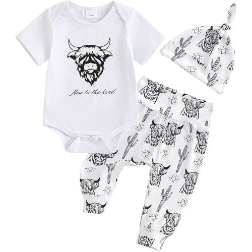SAYOO Baby Boys Western Outfits New To The Herd Letter Bodysuit+Long Leggings+Cap 3pcs Newborn Baby Country Cowboy Clothes - 0-3 Months - White