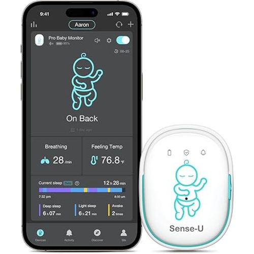 Sense-U Pro Baby Movement Monitor with Arousal Vibration, Movement/Rollover/Overheating Alerts, Audible & App Notifications, Easy Clip-On Design, Smart Sleep Monitor