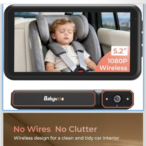 Babyvue BV6 Wireless Baby Car Camera Easy to Install, No Wiring Car Baby Monitor with HD1080P IR Night Vision, 5.2" Screen Car Seat Camera 3X Zoom for Kids