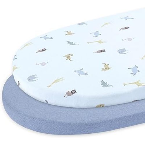 Dreamology Bassinet Sheets,100% Cotton Knitted Jersey,Soft and Durable,2 Pack, Bassinet Sheets Girls,Boys,Universal Fit for Oval,Hourglass or Rectangle Bassinets 17"x32"x4" | Blue and Animals