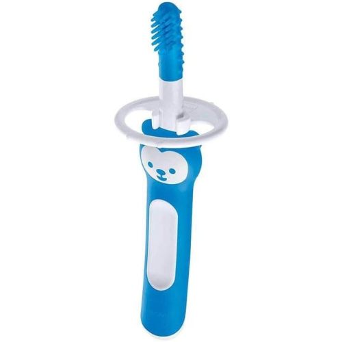 MAM Massaging Baby Toothbrush, Gum Cleaner and Massager with Brushy The Bear Character, Interactive App, for Boys 3+ Months, Blue