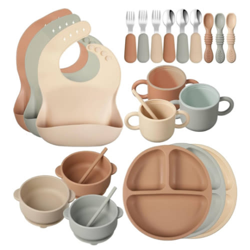 24 Pack Silicone Baby Feeding Set Baby LED Weaning Supplies Includes Suction Divided Plates Soft Bowl Spoons Forks Adjustable Bib Snack Cup and Straws(Walnut Color, Beige, Smoky Gray)