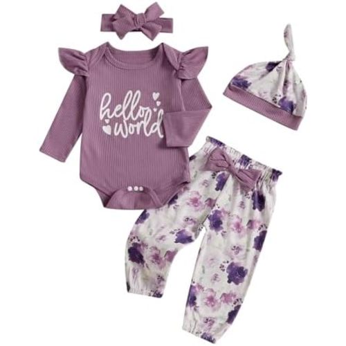 Newborn Girl Going Home Outfit Baby Preemie Hello World Ribbed Romper Top Floral Pants Set Leaving Hospital Clothes