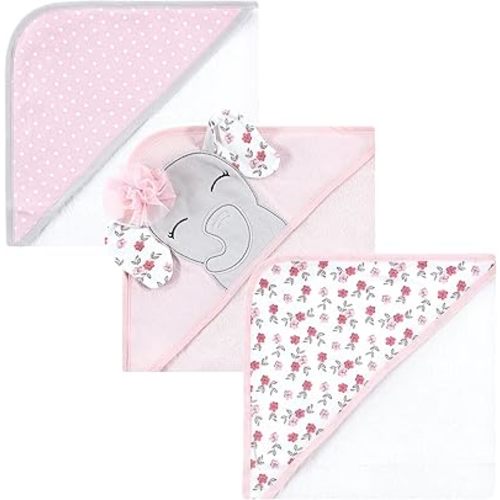Hudson Baby Unisex Baby Cotton Rich Hooded Towels, Floral Pretty Elephant, One Size