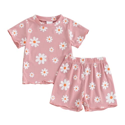 Kupretty Toddler Baby Girl Summer Clothes Ruffle Ribbed Knit Short Sleeves T-Shirt Tops + Shorts Cute Outfits Set