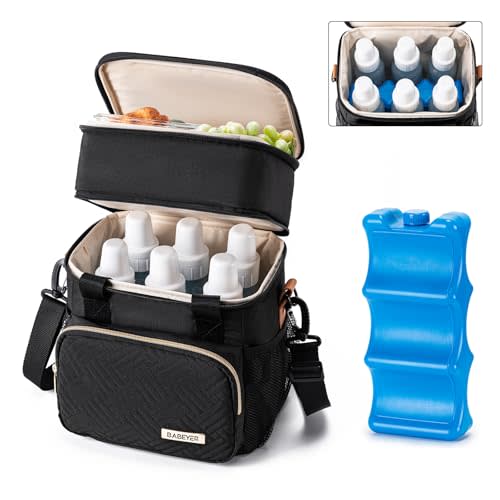 BABEYER Breastmilk Cooler Bag with Ice Pack, Fits 6 Baby Bottles Up to 9 Oz, Bottle Cooler Bag, Double Layer Leakproof with Should Strap for Working & Nursing Moms, Black