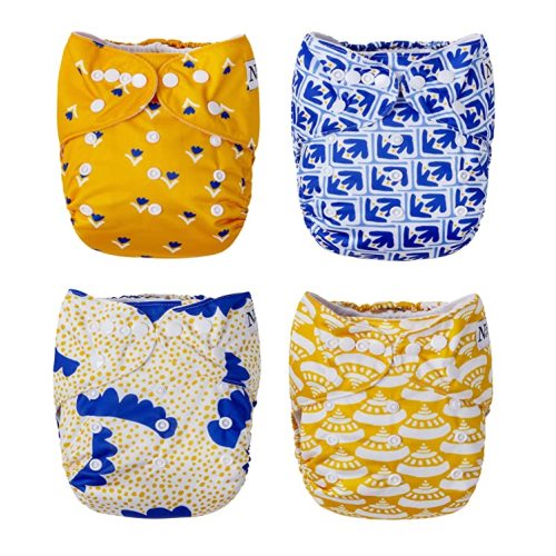 Nora's Nursery Cloth Pocket Diapers 4 Pack with 4 Inserts - Waterproof Cover, Washable, Reusable & One Size Adjustable Pocket Diapers for Newborns and Toddlers - Sicilian Summer