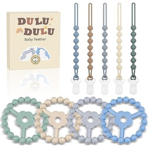 4pcs Silicone Teether Toys with 5pcs Silicone Pacifier Clips, Teething Rings for Babies 0-6 6-12 Months Easy to Hold Newborn Baby Teethers Boy Relief Soothe Baby's Gums