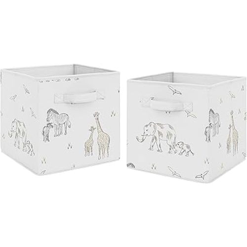 Sweet Jojo Designs Jungle Safari Animals Foldable Fabric Storage Cube Bins Boxes Organizer Toys Baby Taupe Black and White Gender Neutral Elephant Giraffe Wildlife Adventure Zebra Serengeti - Set of 2