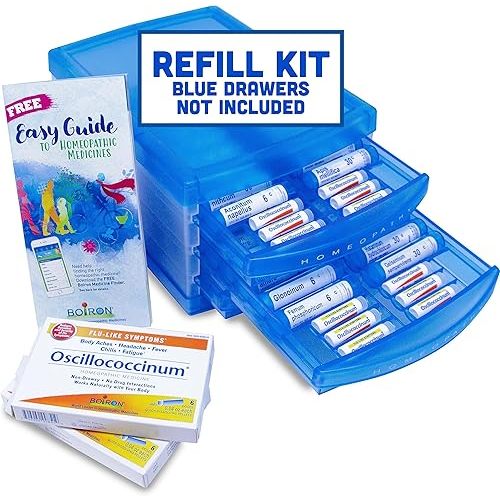 Boiron HomeoFamily Refill Kit with The Essentials - 32 Assorted Homeopathic 6c and 30c Tubes, 12 Oscillococcinum Doses - This is a Homeo Family Refill Kit (Does Not Include Blue Storage Drawers)