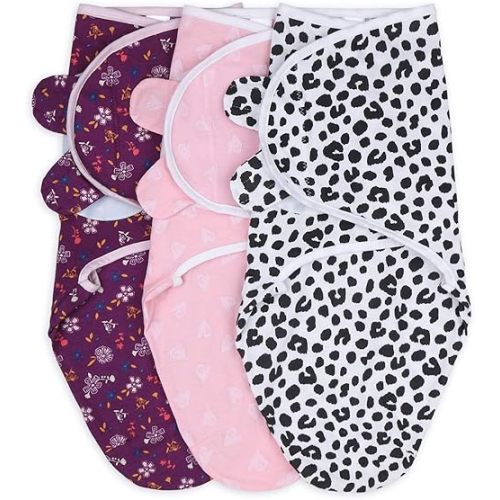 The Peanutshell Swaddle Blankets for Baby Girls, Cheetah & Ditsy Floral, 3 Pack Wrap Set, 2 Sizes (Medium/Large)