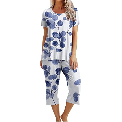 DDAPJ pyju Capri Pajama Sets for Women 2 Piece Outfits Floral Print Short Sleeve Sleepwear Top and Cropped Pants with Pockets