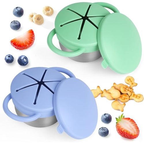 2 Pack Snack Cups for Toddlers Spill Proof - Detachable Stainless Steel Toddler Snack Cups with Silicone Lids & Handles - Dishwasher Safe Snack Container for Mess-Free Snacking（Blue-purple and Green)