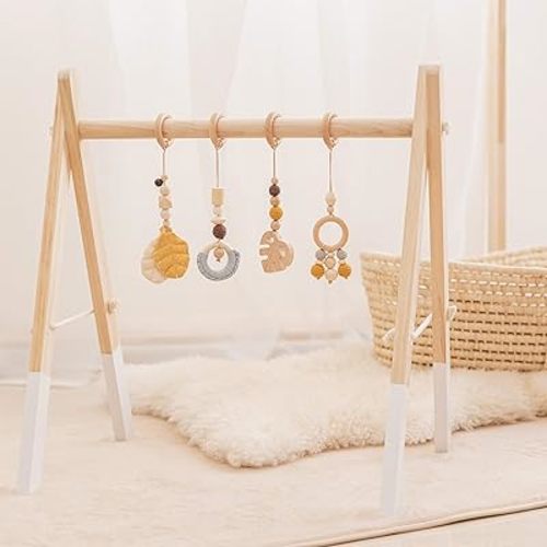 let's make Organic Wooden Play Gym with 4 Hanging Toys Foldable Baby Play Gym Frame Activity Center Hanging Bar Baby Tummy Time Play Gym Ideal Gift for Newborn Baby Boys Girls/Yellow