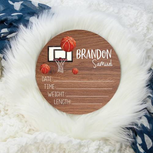 Basketball Birth Stat Sign, Birth Stat Sign, Round Wood Birth Stat Sign, Basketball Nursery Decor, Personalized Stat Sign, Newborn Gift B52