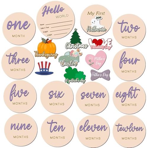 Monthly Baby Milestone Maker Discs, Baby Milestone Signs for Newborn Baby, Hello World Newborn Sign for Girl & Boy, Baby Announcement Sign for 1-12 Month, Milestone Wooden Circles (Purple)