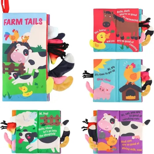 beiens Baby Books Toys, Touch and Feel Crinkle Cloth Books for Babies, Infants & Toddler, Early Development Interactive Car & Stroller Soft Toys for Boys & Girls (Farm Tails-1 Book)