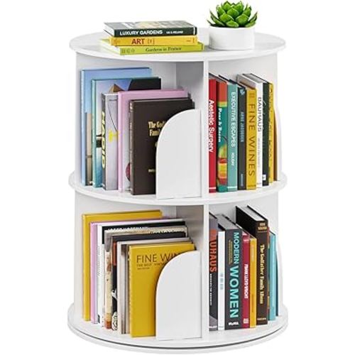 SpaceAid 2 Tier Rotating Bookshelf Tower, Spinning Bookcase Lazy Susan, Revolving 360 Book Shelf Storage Round Carousel, Vertical Rotate Turning Spiral Corner Organizer, White