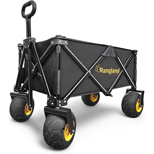 Rangland Beach Wagon with Big Wheels for Sand [Large Balloon Air Tires] Folding Utility Cart with Rustproof Heavy-Duty Steel Frame, Black/Yellow (All-Terrain RX800)