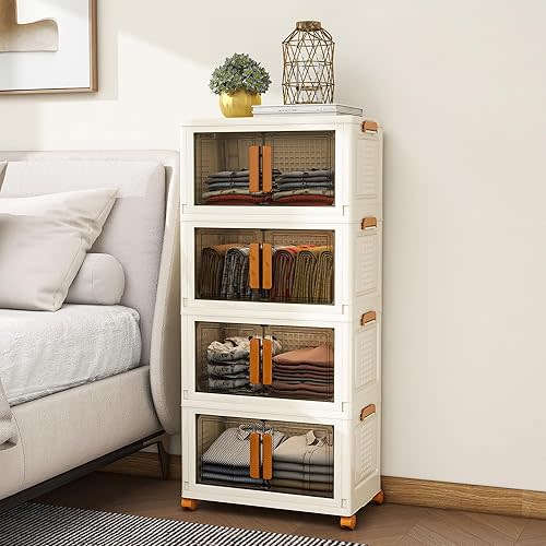 4 Tier Stackable Plastic Storage Bins with 1 Lid 45 QT/Tier, Collapsible Plastic Box Storage Bin with Wheels, Home Containers Boxes Closet Organizers for Living Room, Office, Dorm