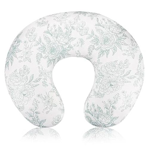 Nursing Pillow Cover, Removable Nursing Covers for Breastfeeding Pillows, Stretchy and Soft Fit for Baby Girls Boys Newborn, Green Flower (Only Cover)